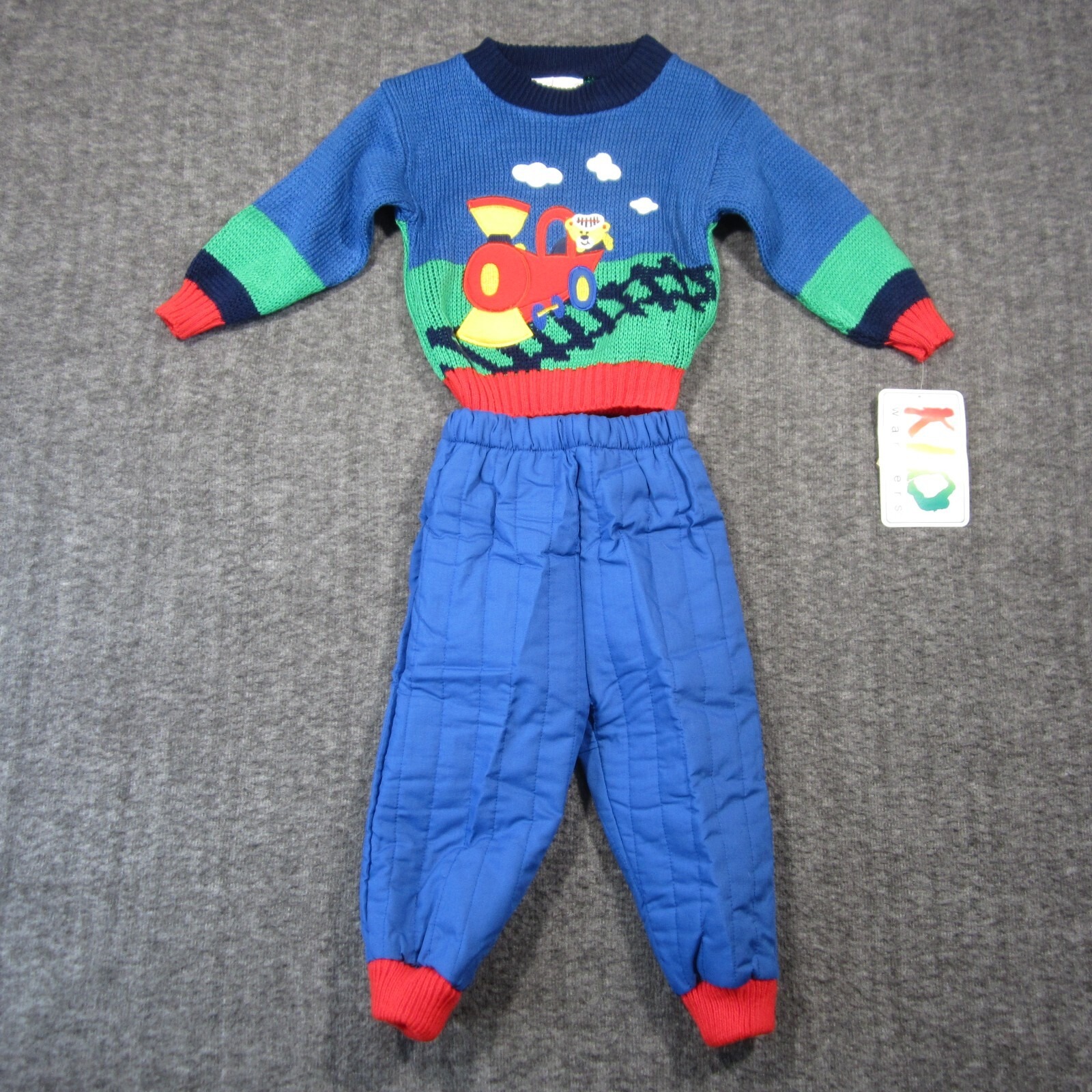 Vtg Kid Warmers Sweater Outfit Set 18m Blue Red Bear Train Retro 80s 90s New